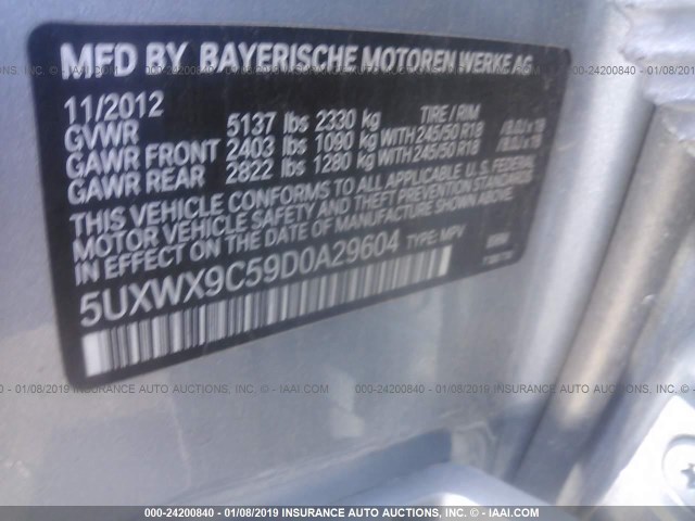 5UXWX9C59D0A29604 - 2013 BMW X3 XDRIVE28I Light Blue photo 9