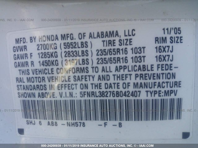 5FNRL38276B042407 - 2006 HONDA ODYSSEY LX WHITE photo 9