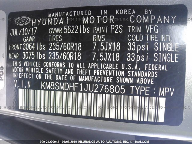 KM8SMDHF1JU276805 - 2018 HYUNDAI SANTA FE SE SILVER photo 9