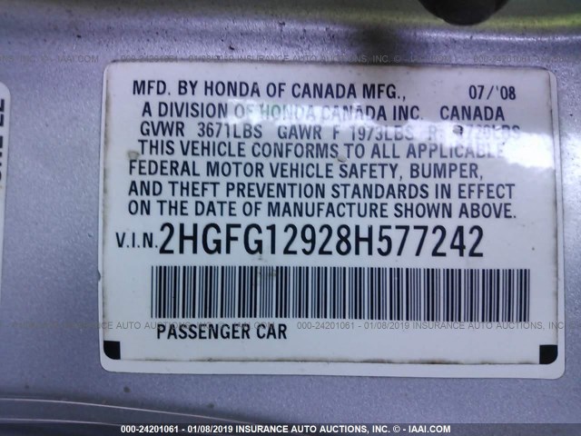 2HGFG12928H577242 - 2008 HONDA CIVIC EXL SILVER photo 9