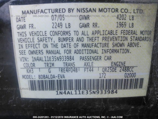 1N4AL11E35N933984 - 2005 NISSAN ALTIMA S/SL BLACK photo 9