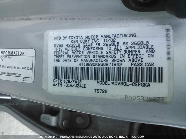 4T1BE30K93U671642 - 2003 TOYOTA CAMRY LE/XLE/SE SILVER photo 9