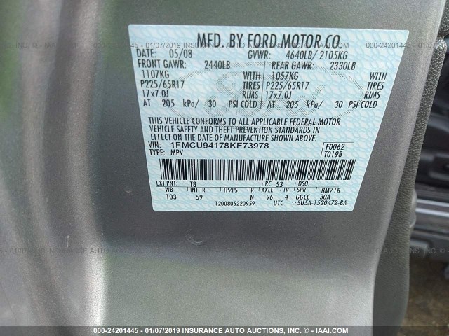 1FMCU94178KE73978 - 2008 FORD ESCAPE LIMITED GRAY photo 9