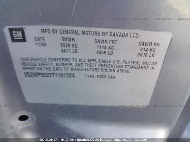 2G2WP552771181324 - 2007 PONTIAC GRAND PRIX GRAY photo 9
