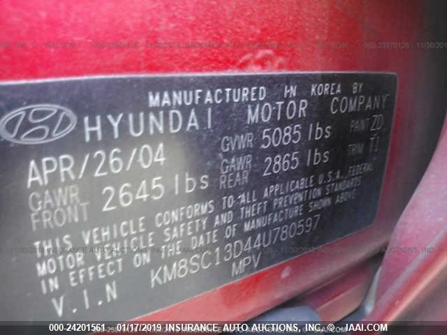 KM8SC13D44U780597 - 2004 HYUNDAI SANTA FE GLS/LX RED photo 9