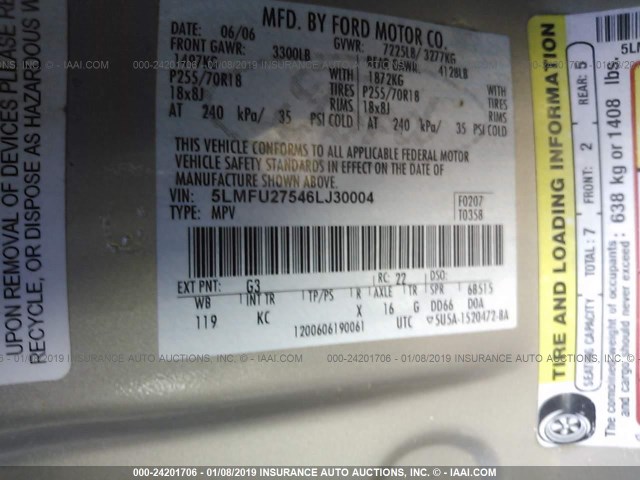 5LMFU27546LJ30004 - 2006 LINCOLN NAVIGATOR GOLD photo 9