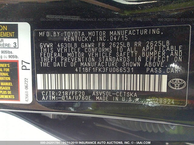 4T1BF1FK3FU066531 - 2015 TOYOTA CAMRY LE/XLE/SE/XSE BLACK photo 9