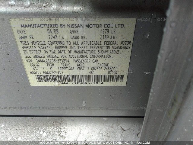 1N4AL21E98N521854 - 2008 NISSAN ALTIMA 2.5/2.5S SILVER photo 9