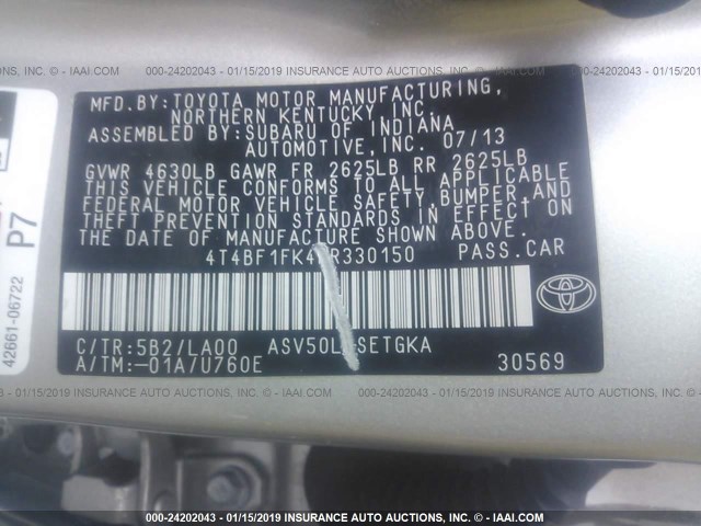 4T4BF1FK4DR330150 - 2013 TOYOTA CAMRY L/SE/LE/XLE 金色 照片 9