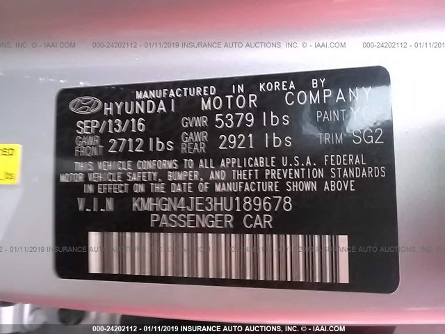 KMHGN4JE3HU189678 - 2017 HYUNDAI GENESIS PREMIUM/ULTIMATE GRAY photo 9