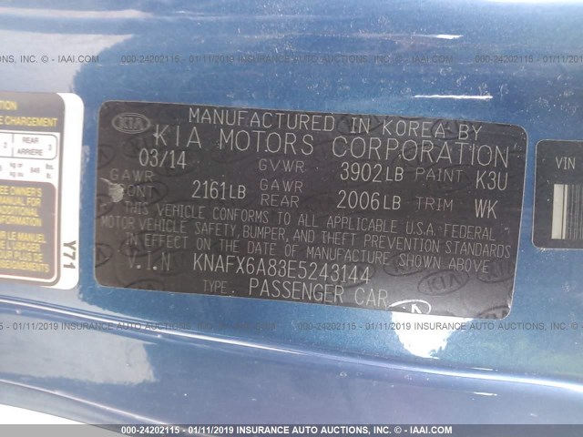 KNAFX6A83E5243144 - 2014 KIA FORTE EX BLUE photo 9