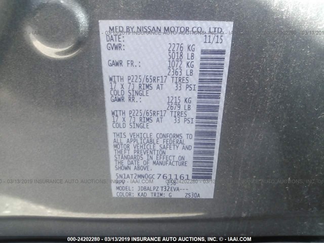 5N1AT2MN0GC761161 - 2016 NISSAN ROGUE S/SL/SV GRAY photo 9