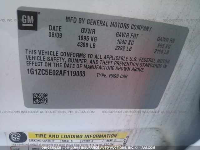 1G1ZC5E02AF119003 - 2010 CHEVROLET MALIBU 1LT 白色 照片 9