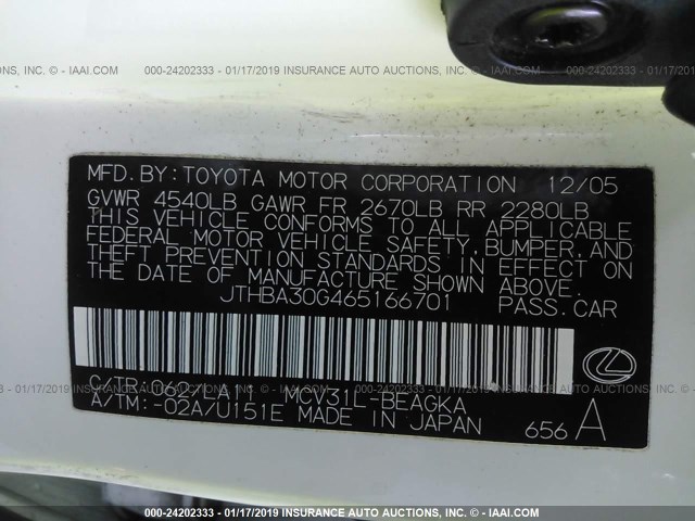 JTHBA30G465166701 - 2006 LEXUS ES 330 WHITE photo 9