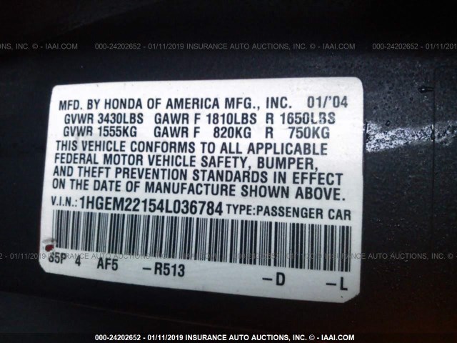 1HGEM22154L036784 - 2004 HONDA CIVIC DX VP TEAL photo 9