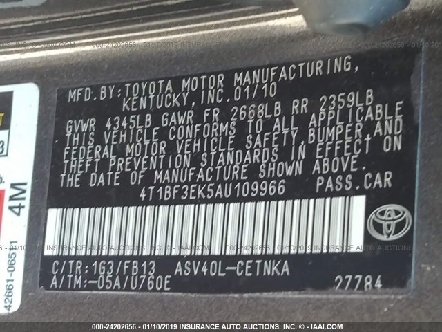 4T1BF3EK5AU109966 - 2010 TOYOTA CAMRY SE/LE/XLE 灰色 照片 9