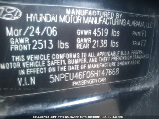 5NPEU46F06H147668 - 2006 HYUNDAI SONATA GLS/LX BLACK photo 9