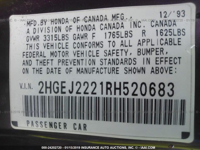 2HGEJ2221RH520683 - 1994 HONDA CIVIC DX PURPLE photo 9