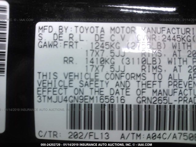 3TMJU4GN9EM165616 - 2014 TOYOTA TACOMA DOUBLE CAB PRERUNNER BLACK photo 9