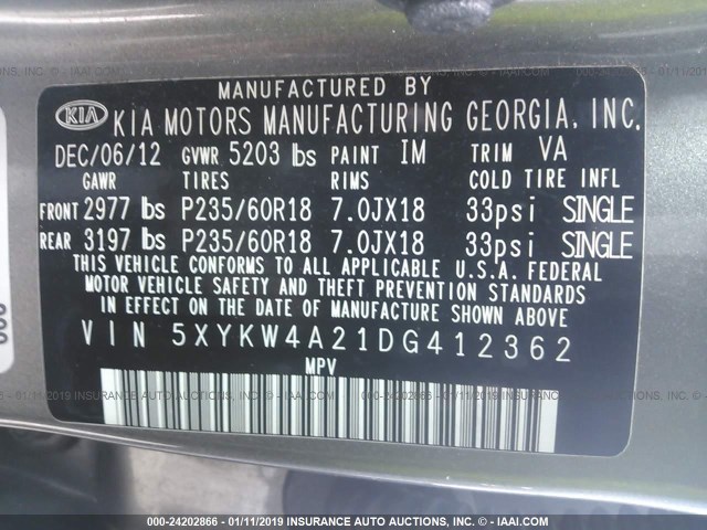 5XYKW4A21DG412362 - 2013 KIA SORENTO SX Pewter photo 9