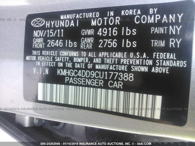 KMHGC4DD9CU177388 - 2012 HYUNDAI GENESIS 3.8L GRAY photo 9