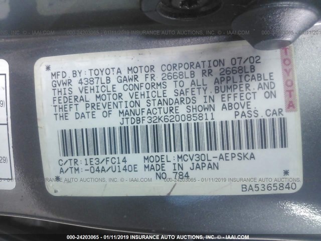 JTDBF32K620085811 - 2002 TOYOTA CAMRY LE/XLE/SE GRAY photo 9