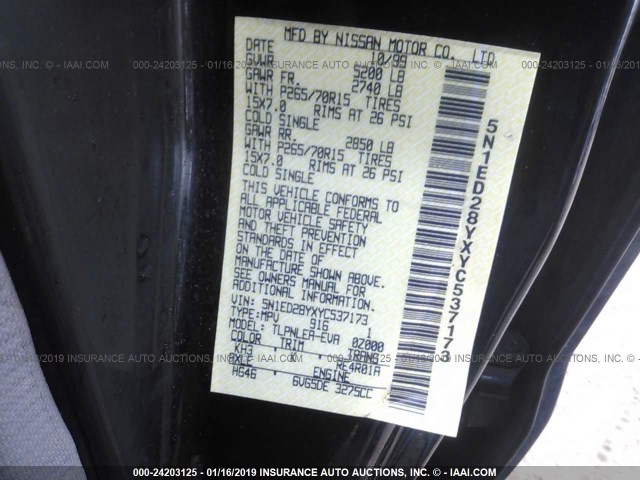 5N1ED28YXYC537173 - 2000 NISSAN XTERRA XE/SE BLACK photo 9