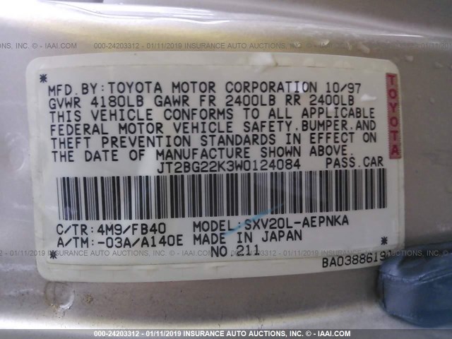 JT2BG22K3W0124084 - 1998 TOYOTA CAMRY CE/LE/XLE GOLD photo 9