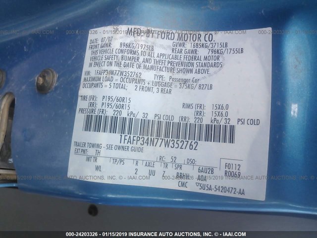 1FAFP34N77W352762 - 2007 FORD FOCUS ZX4/S/SE/SES BLUE photo 9