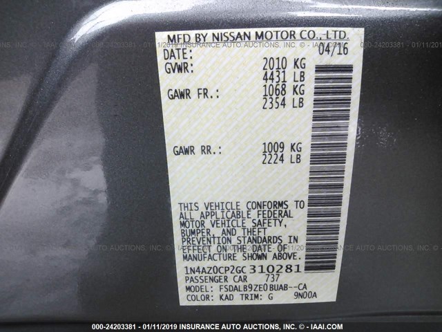 1N4AZ0CP2GC310281 - 2016 NISSAN LEAF S GRAY photo 9