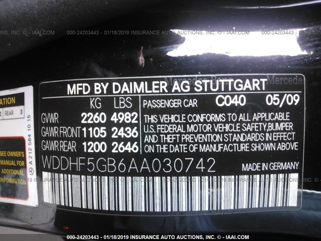 WDDHF5GB6AA030742 - 2010 MERCEDES-BENZ E 350 BLACK photo 9