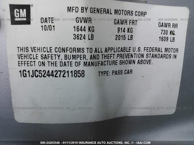 1G1JC524427211858 - 2002 CHEVROLET CAVALIER CNG SILVER photo 9