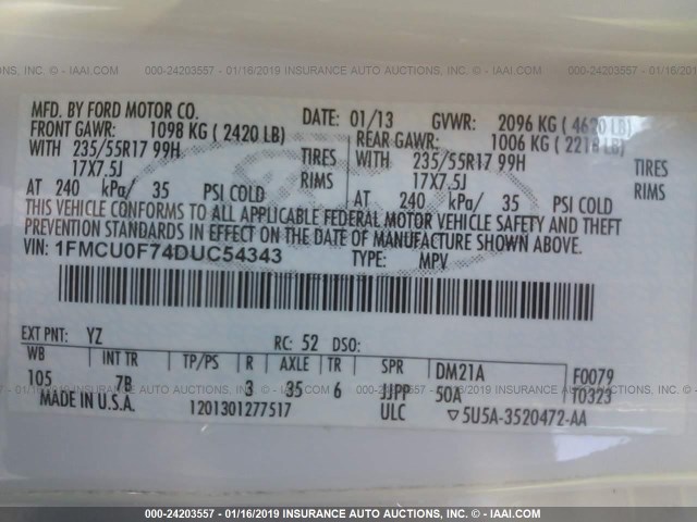 1FMCU0F74DUC54343 - 2013 FORD ESCAPE S WHITE photo 9