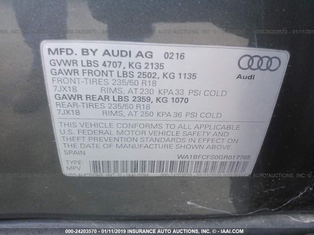 WA1BFCFS0GR017785 - 2016 AUDI Q3 PREMIUM PLUS SILVER photo 9