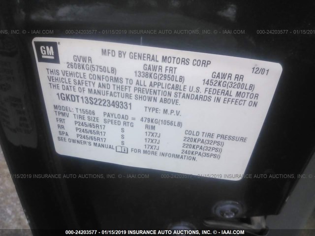 1GKDT13S222349331 - 2002 GMC ENVOY GREEN photo 9