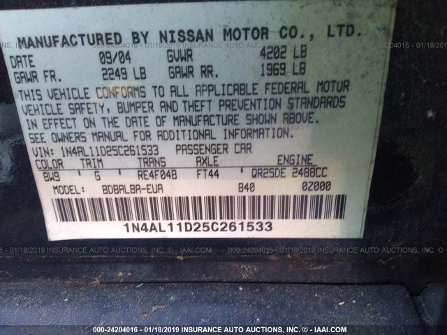 1N4AL11D25C261533 - 2005 NISSAN ALTIMA S/SL BLUE photo 9