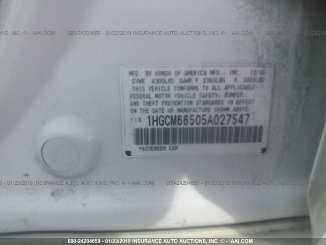 1HGCM66505A027547 - 2005 HONDA ACCORD EX WHITE photo 9