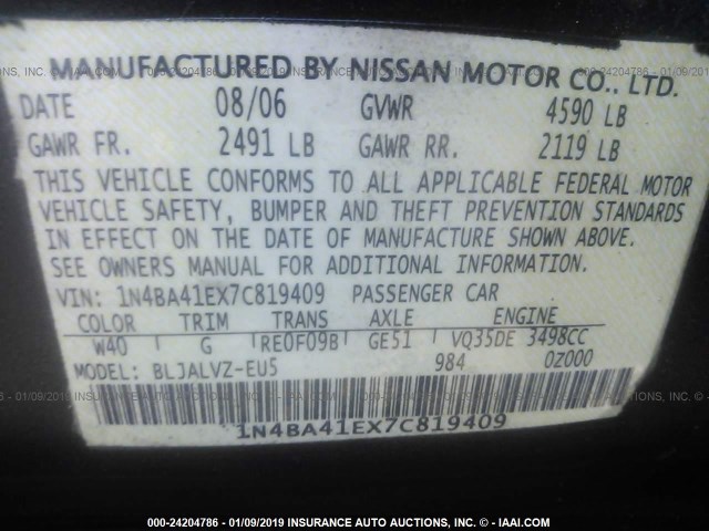 1N4BA41EX7C819409 - 2007 NISSAN MAXIMA SE/SL BLACK photo 9