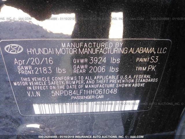 5NPD84LF1HH061048 - 2017 HYUNDAI ELANTRA SE/VALUE/LIMITED BLACK photo 9