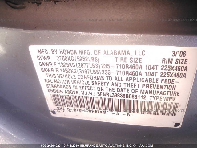 5FNRL38836B088112 - 2006 HONDA ODYSSEY TOURING Light Blue photo 9