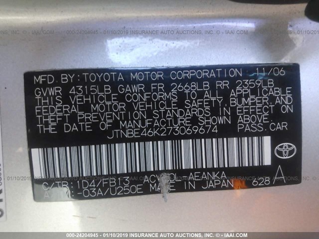 JTNBE46K273069674 - 2007 TOYOTA CAMRY NEW GENERAT CE/LE/XLE/SE SILVER photo 9