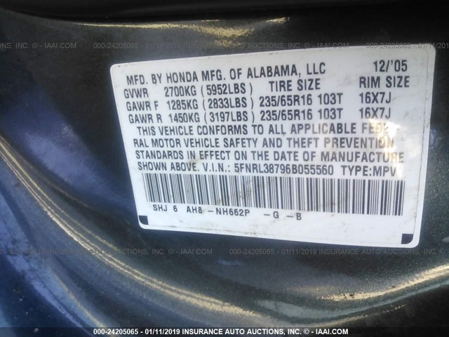 5FNRL38796B055560 - 2006 HONDA ODYSSEY EXL GRAY photo 9