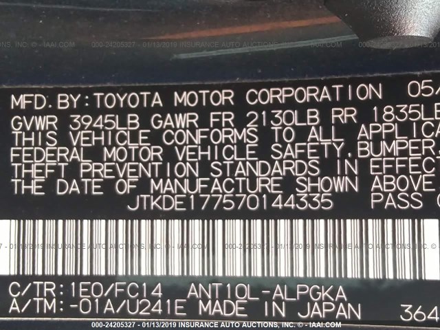 JTKDE177570144335 - 2007 TOYOTA SCION TC შავი ფოტო 9