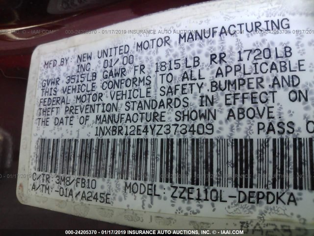 1NXBR12E4YZ373409 - 2000 TOYOTA COROLLA VE/CE/LE 勃艮第红 照片 9