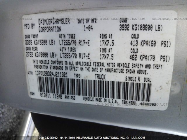 1D7KU28D24J211321 - 2004 DODGE RAM 2500 ST/SLT 银色 照片 9