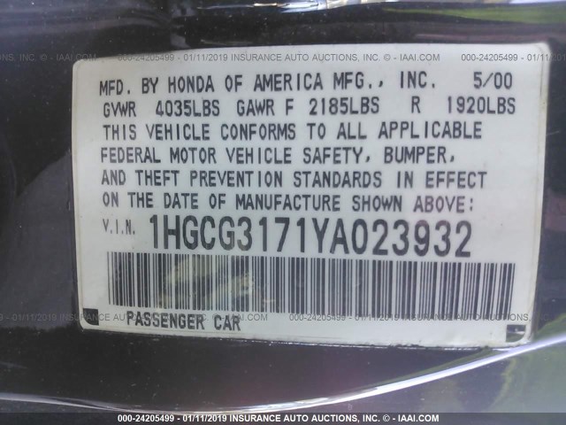 1HGCG3171YA023932 - 2000 HONDA ACCORD EX BLACK photo 9