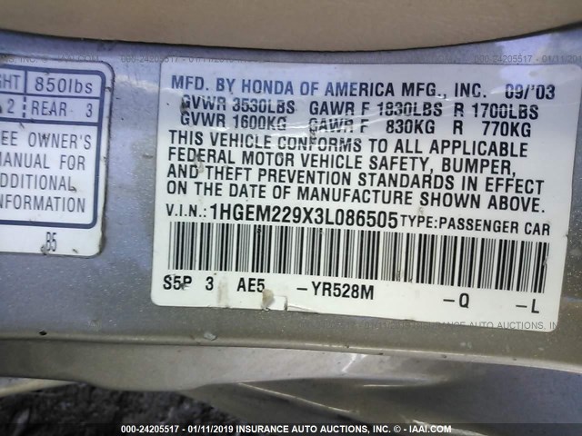 1HGEM229X3L086505 - 2003 HONDA CIVIC EX GRAY photo 9