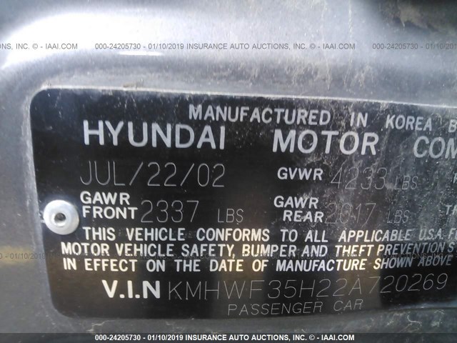 KMHWF35H22A720269 - 2002 HYUNDAI SONATA GLS/LX SILVER photo 9