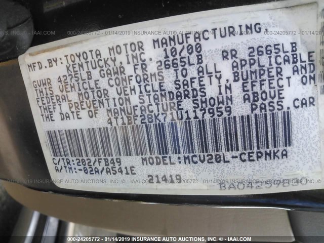 4T1BF28K71U117959 - 2001 TOYOTA CAMRY LE/XLE BLACK photo 9