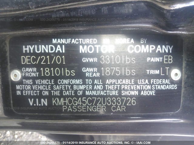 KMHCG45C72U333726 - 2002 HYUNDAI ACCENT GL BLACK photo 9